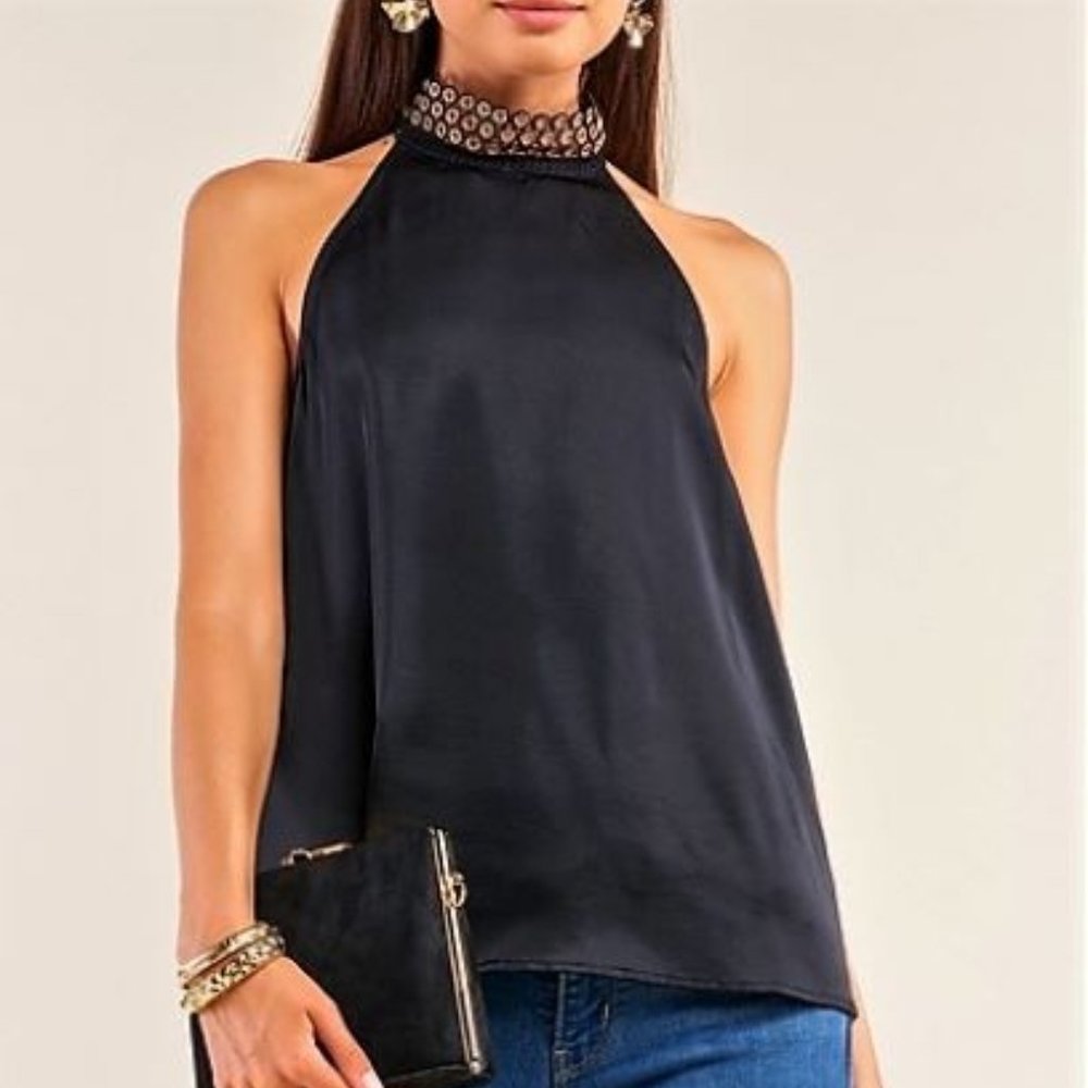 Halter Neck Black Satin Sleeveless Top